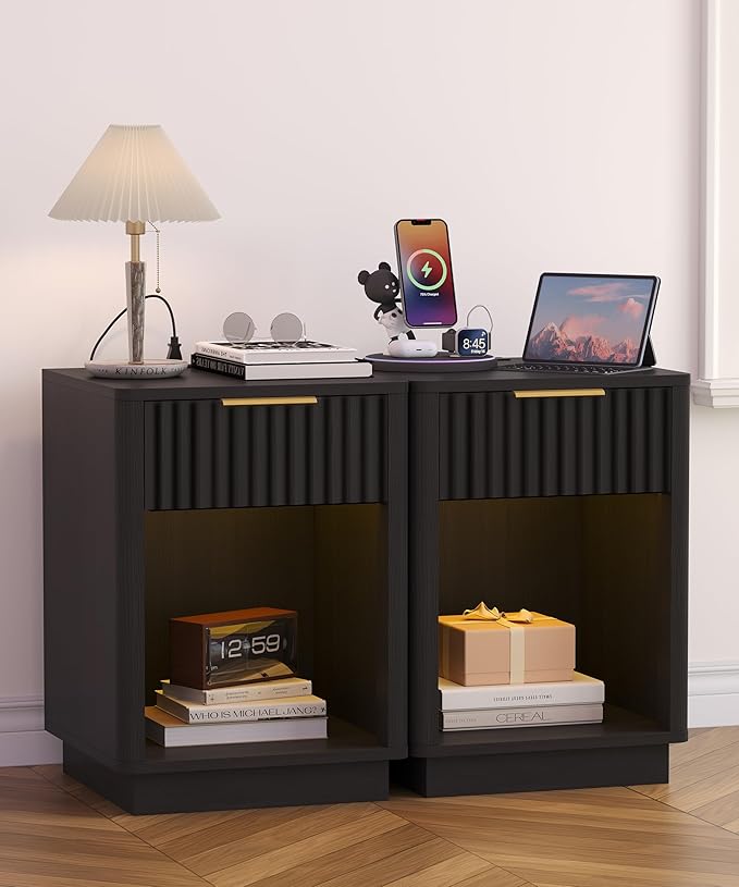 Akxomel Fluted Nightstands Set of 2, Wooden Night Stand