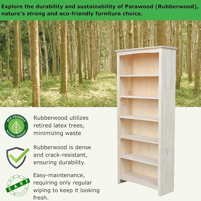 International Concepts Shaker Bookcase 72-Inch Tall, Solid Parawood, 5-Shelf
