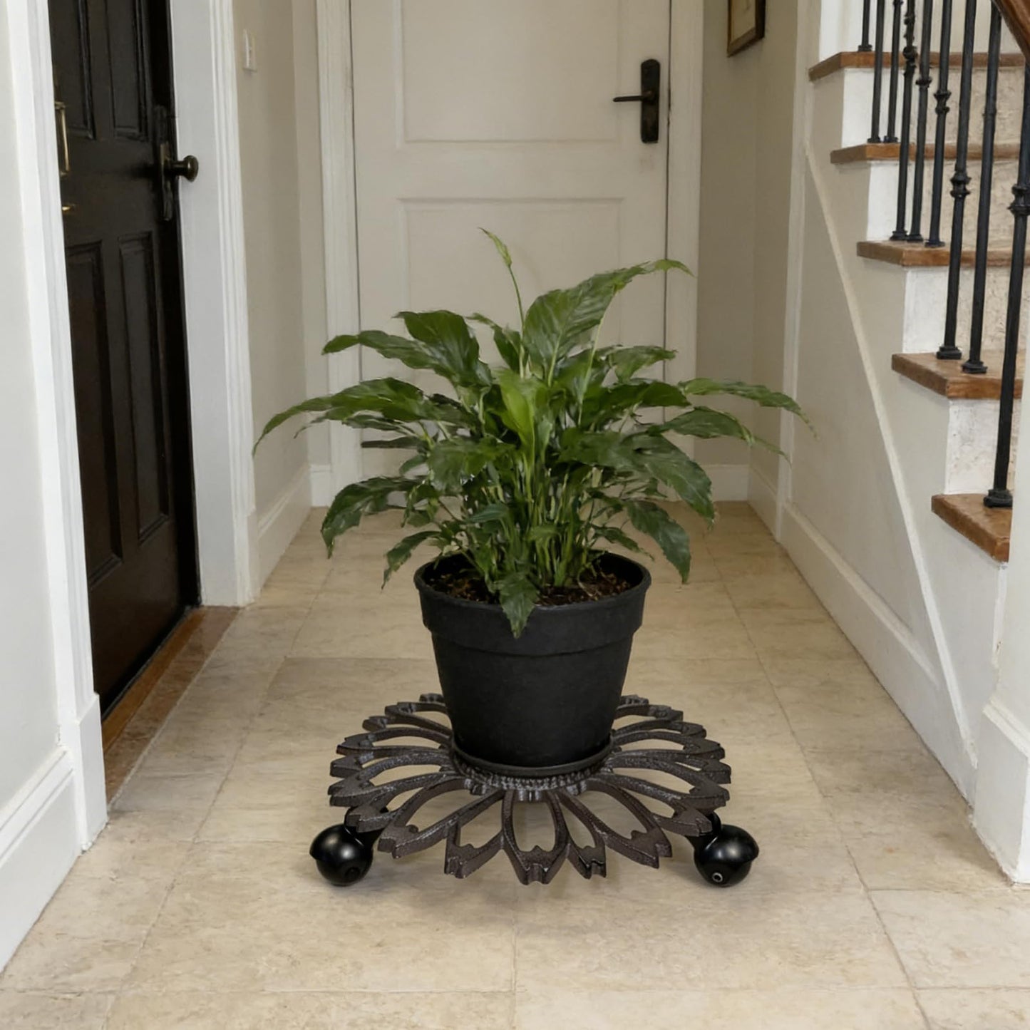 2 Pack Heavy-Duty Cast Iron Plant Caddy - 12" Rust Brown Ornamental Cast Iron Plant Stand with Wheels, Petal-Design Moveable Planter Holder for Indoor Outdoor Garden Patio Decor HC1511