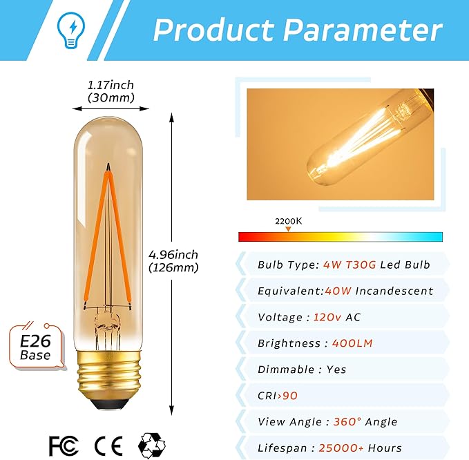 Dimmable E26 T30 T10 LED Bulb Long Tube Light Bulb 4W, Type T Tubular Light