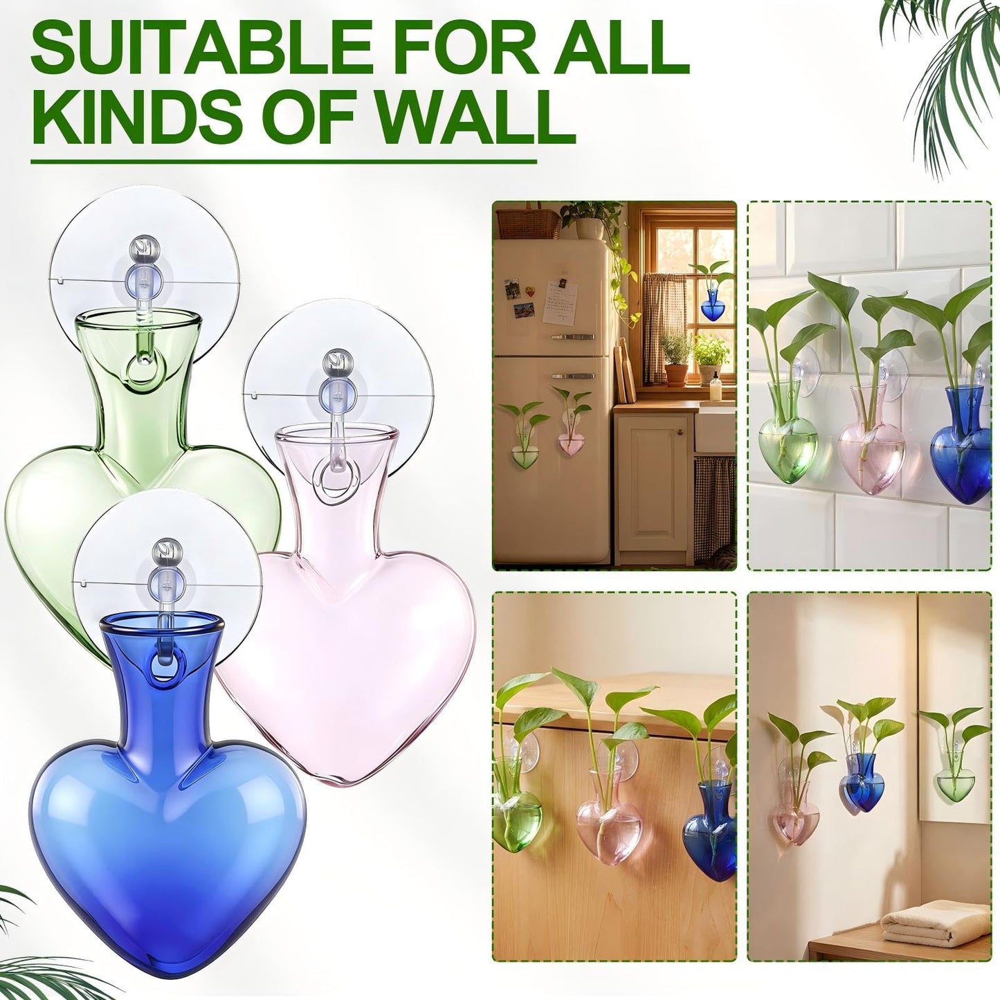 Zhehao 3 Pcs Propagation Vases Hanging Window Propagation Stations Glass Heart Shaped Plant Vase with Suction Cups Air Planter Terrarium for Hydroponics Home Decor Plant Lovers Gifts