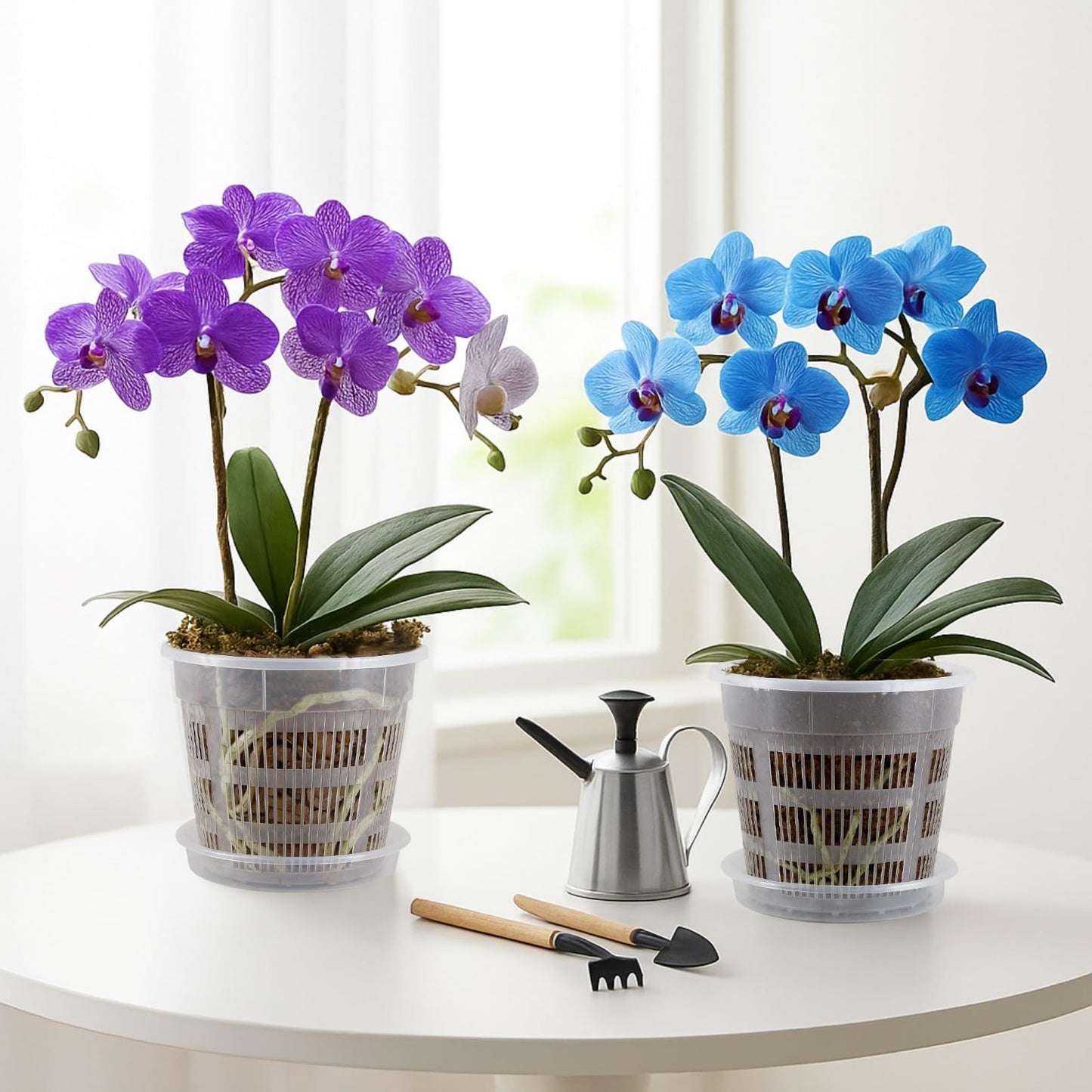 SiliFine 6 Pack Orchid Pot with Holes and Saucers 7.5 Inch Clear Plastic Planter with Holes Trays Breathable Slotted Flower Plant Pot for Indoor Outdoor Plants Nursery Root Health Repotting