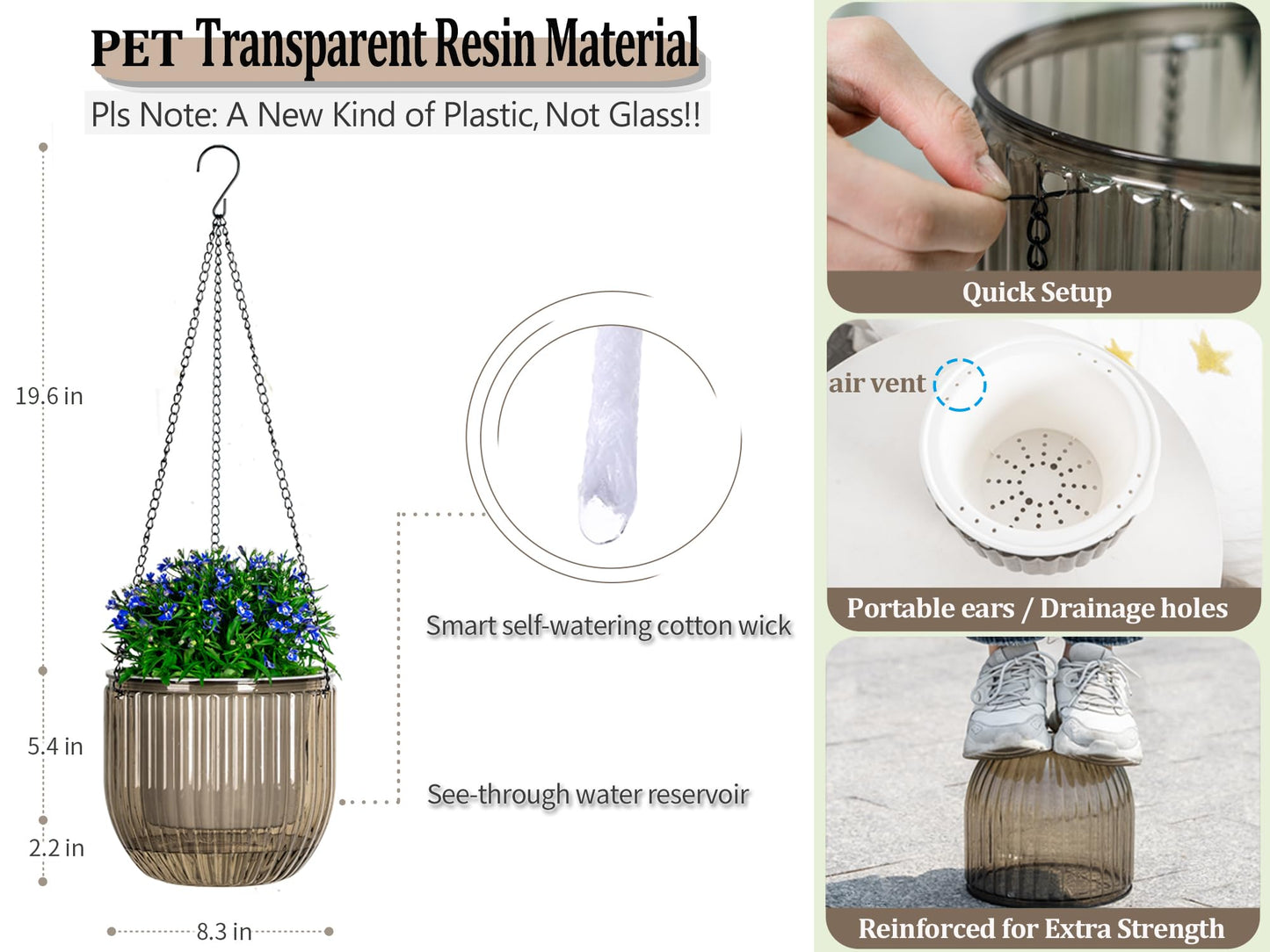 Melphoe 1 Pack Self Watering Hanging Planters Indoor Flower Pots, 8.3 Inch Outdoor Hanging Plant Pot Basket, Plant Hanger with 3Hooks Drainage Holes for Garden Home