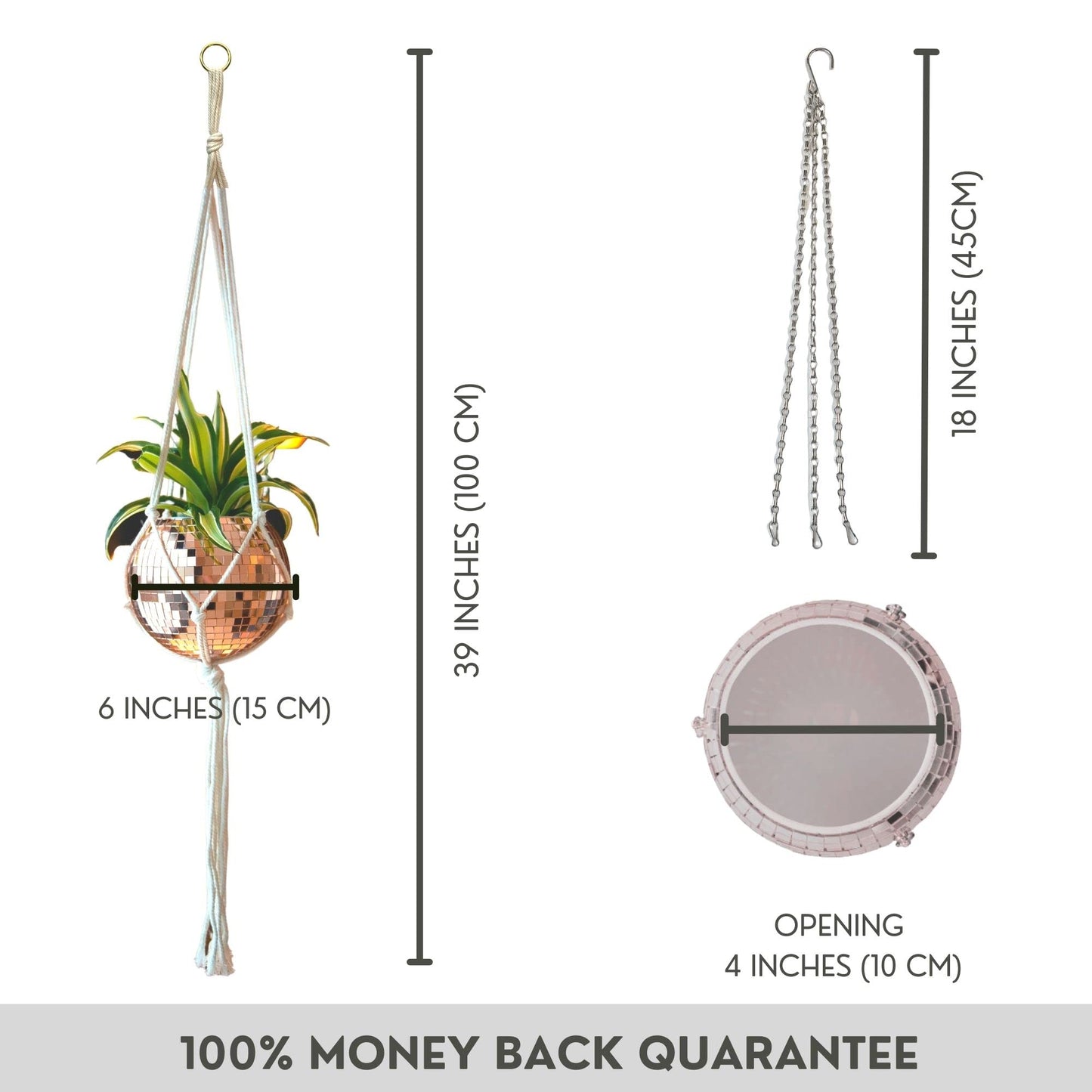 SCANDINORDICA Disco Ball Planter 6" Rose Gold with Chain and Macrame Hanger and Disco Ball Planter Pot 4.3" with Saucer (0.2x0.2 mirror tiles)