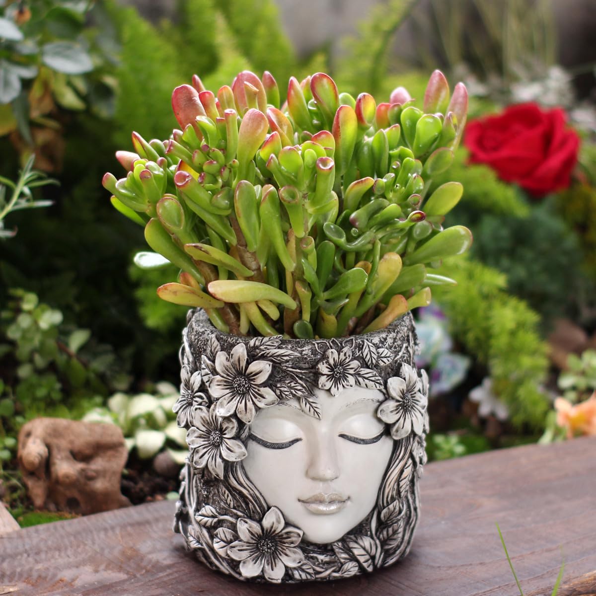 Bohemian Resin Face Planter Pot with Floral Design, Unique Human Head Succulent Pot with Drainage Hole, Weatherproof Lady Face Vase for Indoor Home, Outdoor Garden, Balcony & Desktop Greenery Decor