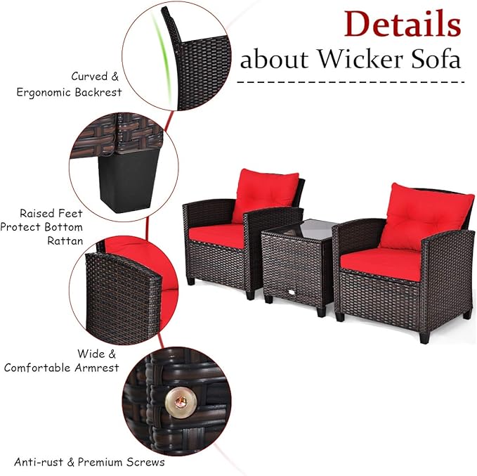 COSTWAY 3PCS Patio Furniture Set, PE Rattan Wicker Sofa w/Washable Cushion and