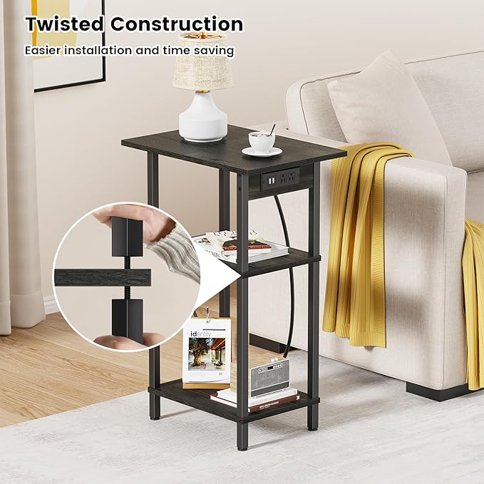 Asgolion Tall End Table with Charging Station, Skinny Nightstand with USB Ports