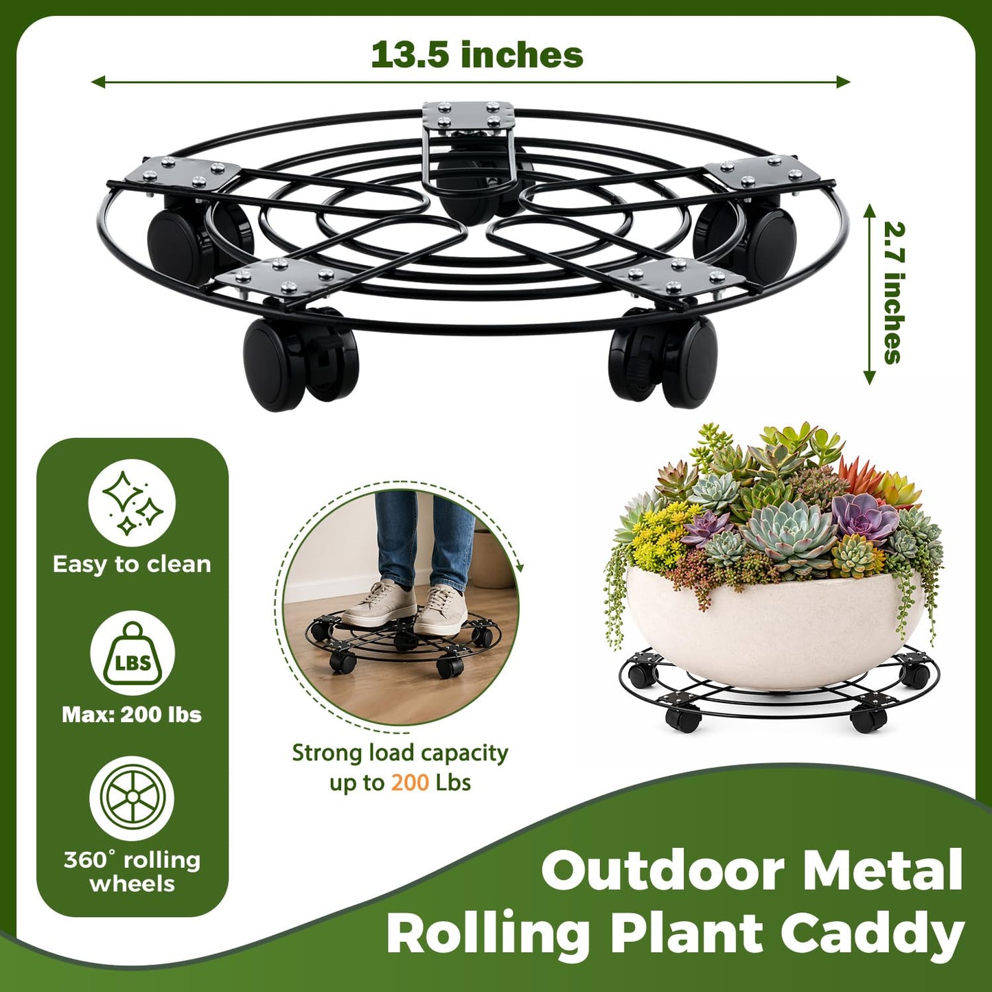 5 Packs 13.5" Large Metal Plant Caddy with Wheels Iron Rolling Plant Stands Heavy-duty Plant Roller Base Pot Movers Indoor Outdoor Plant Dolly with 5 Casters Plant Trolley Coaster Holder