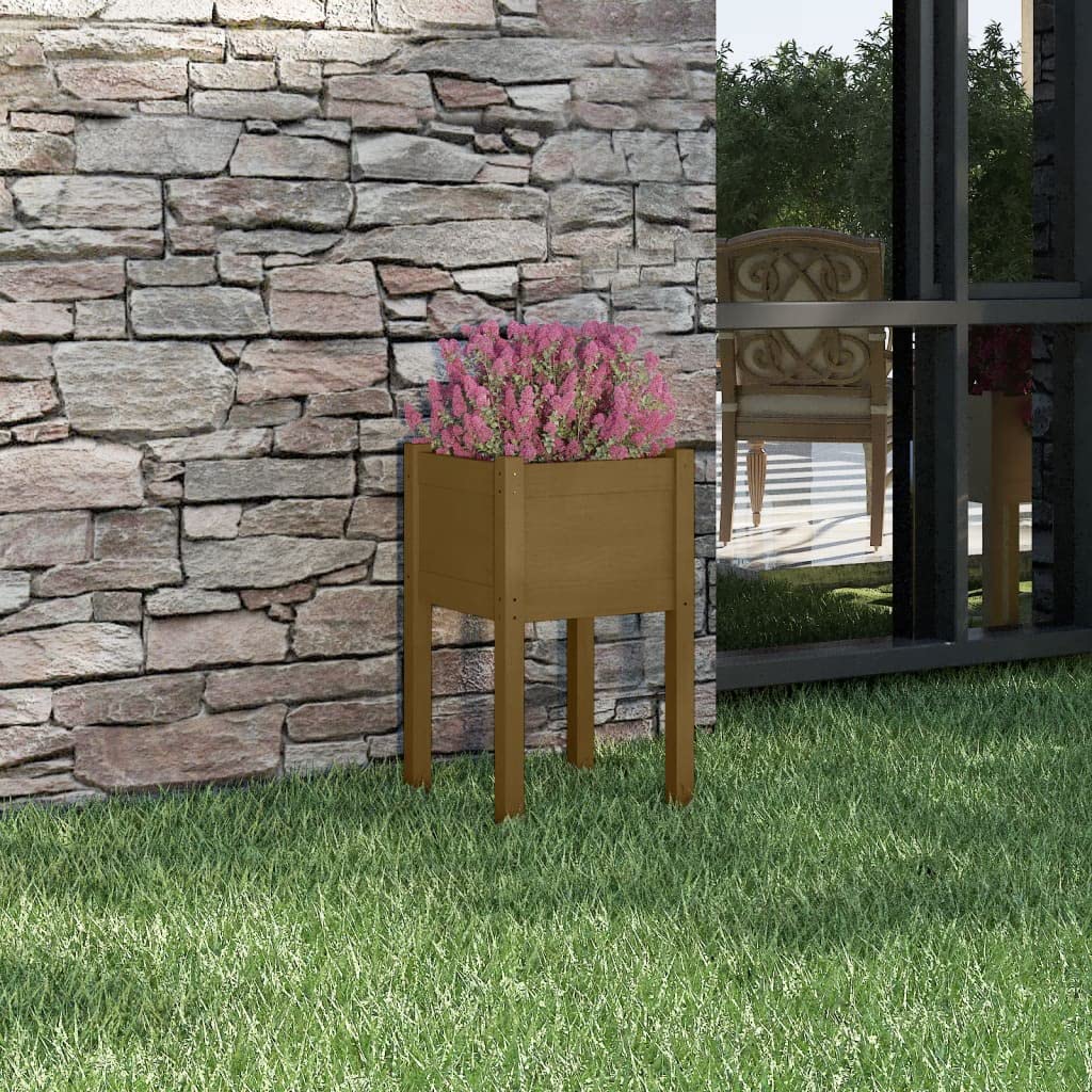 vidaXL Solid Wood Pinewood Garden Planter – Honey Brown, 15.7"x15.7"x27.6", Square, Outdoor Use, Weather-Resistant, Planter Box for Flowers and Plants