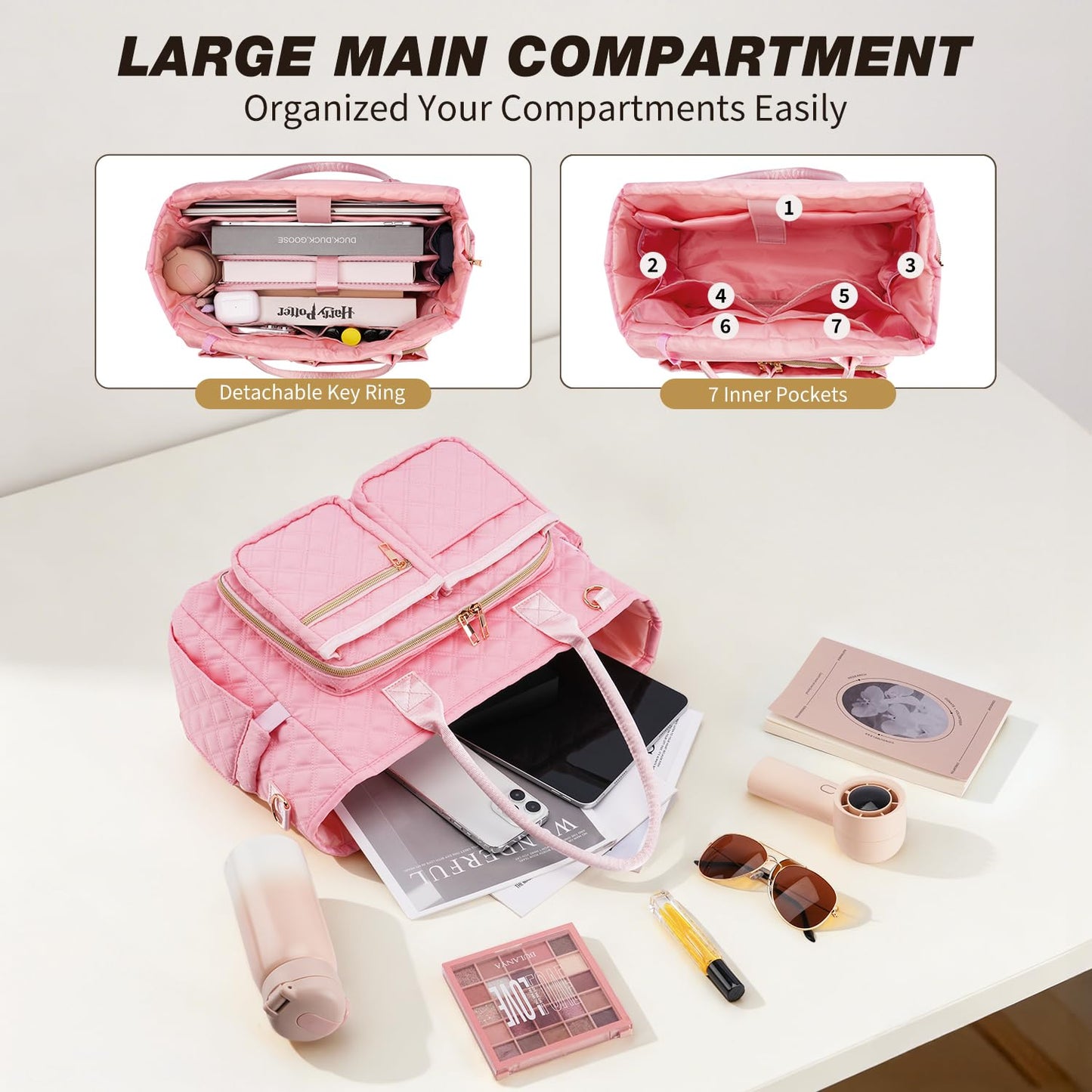 KOPKOFT Large Bible Cover Case for Women, Quilted Church Tote Bag with Shoulder Strap, Bible Study Supplies Journaling Kit Bible Accessories, Christmas Christian Gift for Women (Pink)