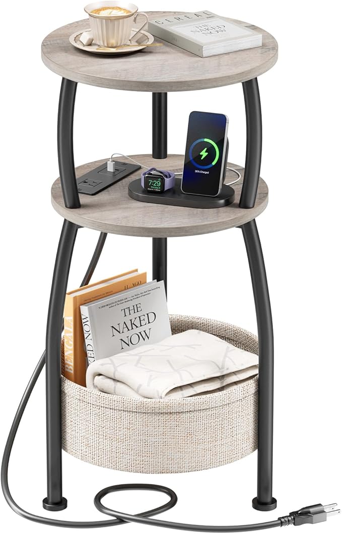 Small Side Table with Charging Station, Round End Table with Basket, USB Port