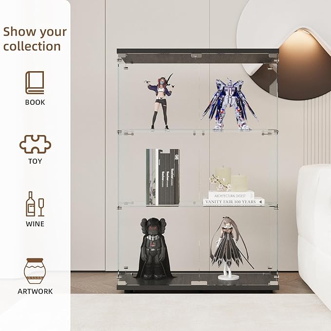 Display Cabinet with Glass Door and Lock, 3-Shelf Fast Installation Curio