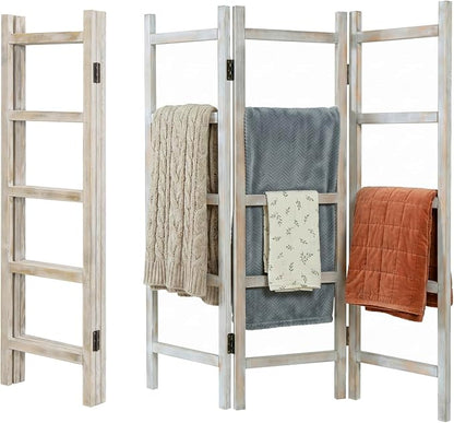Blanket Ladder,59" H Wood Blanket Ladder for Living Room, Decorative Quilt dispaly Rack, Free Standing and Folding Towel Rack for Bathroom,Whitewashed.