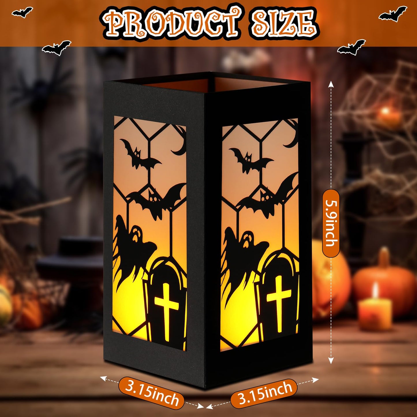 Riakrum 6 Pcs Halloween Table Decorations Table Centerpieces Boxes with Battery Operated Candle Holders Ghost Spiders Bat Silhouette Sketch Paper Lantern Boxes for Movie Night Party (Yellow Light)