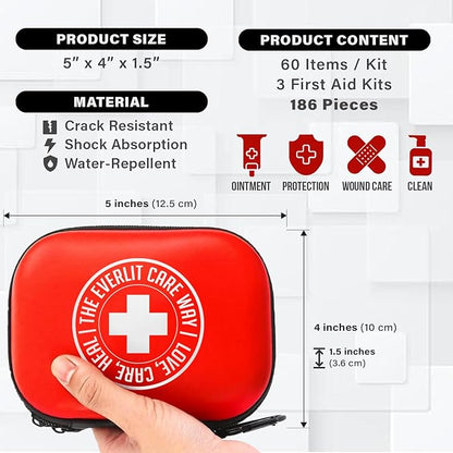 EVERLIT CARE MiniAid First Aid Kit | Compact & Lightweight Case with Carabiners for Travel | Family & Kid Friendly 180 Pcs Wound Care Supplies for School, Work, Outdoor, Home & Office | Pack of 3