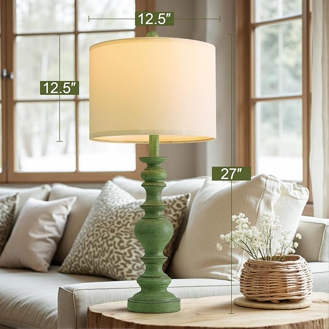 BOBOMOMO 27" Sage Green Table Lamps Set of 2, Large Farmhouse Resin Lamps