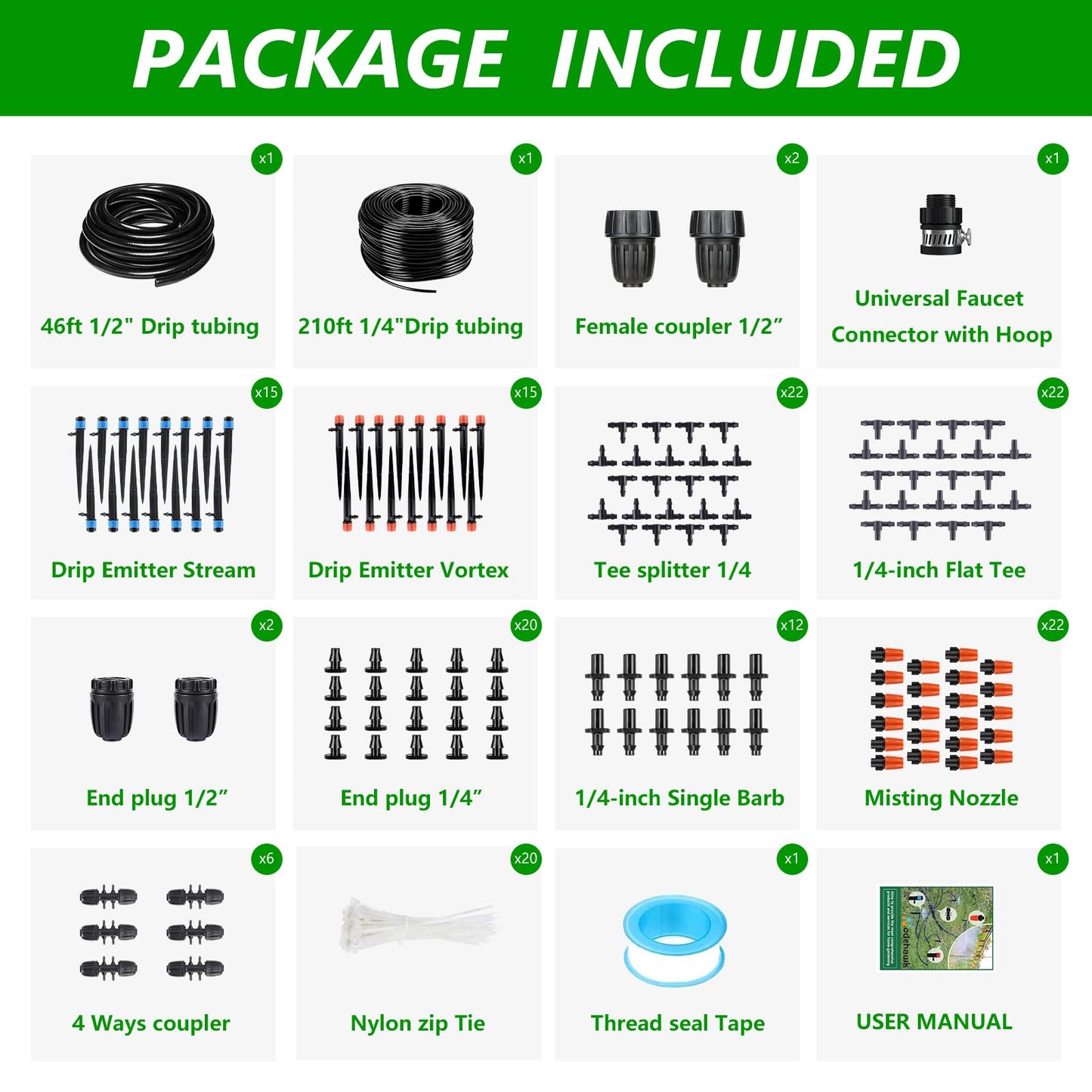 HEKIWAY 256FT Automatic Drip Irrigation System Kit,Automatic Garden Watering Misting System for Greenhouse, Yard, Plant ，Lawn with 1/2 inch Hose 1/4 inch Distribution Tubing and Accessories
