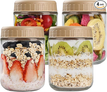 SHOWIN Overnight Oats Containers with Lids, 16oz Glass Jars with Lids 4 pcs, Taffy, Wide Mouth Mason jars for Salad, Yogurt, Snacks, Meal Prep