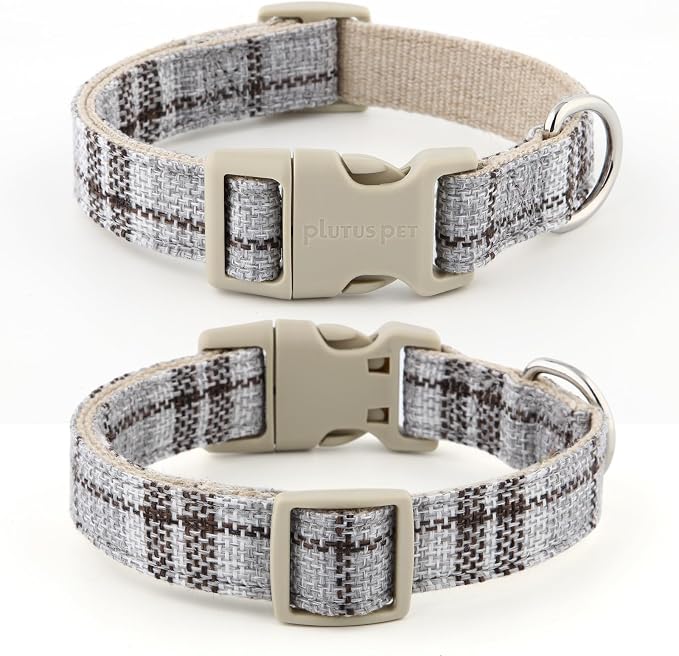 Plutus Pet Cotton Hemp Dog Collar and Leash Set, Adjustable Collar for Small, Medium, and Large Dogs, Heavy Duty and Soft on Skin, Gray Plaid, M