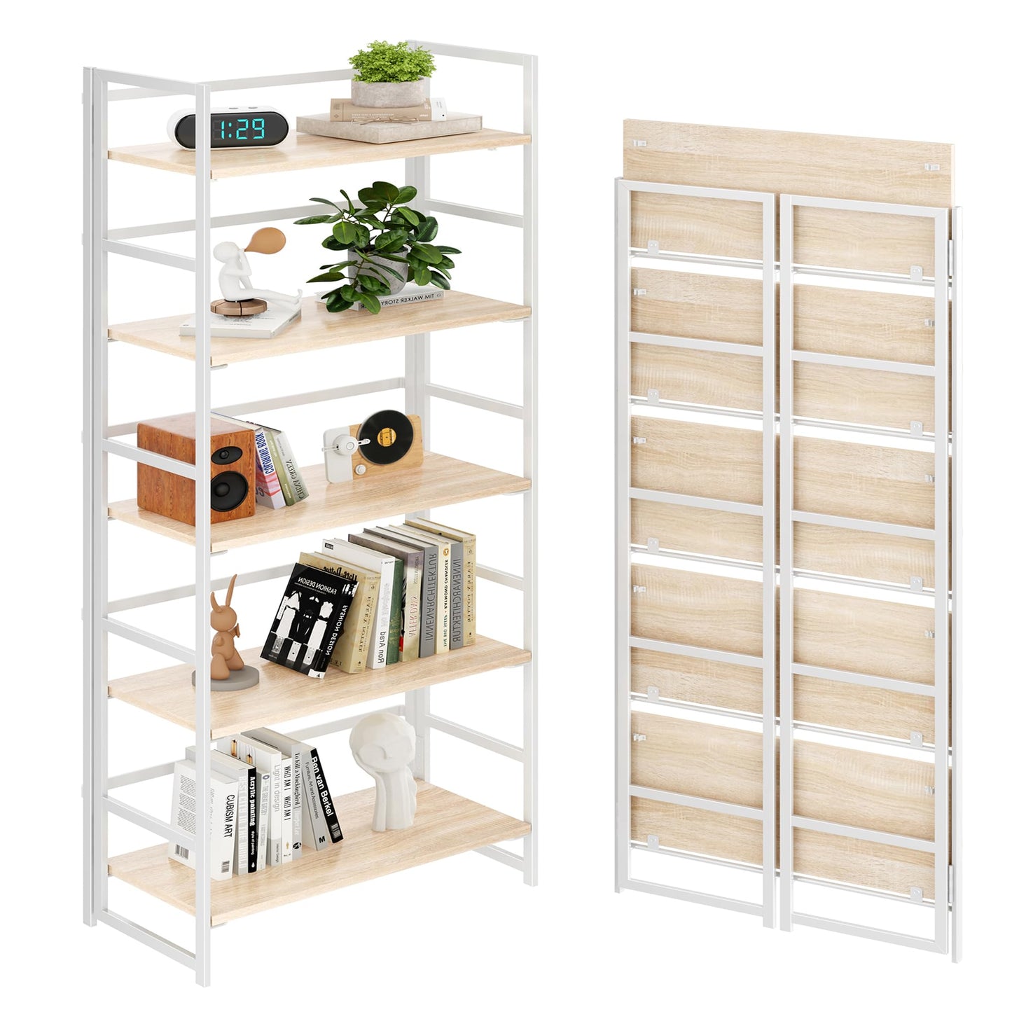 BHG Vintage Multifunctional Folding Bookshelf, No-Assembly Plant Stand Storage Rack Shelves for Home Office (White, 5-Tier)