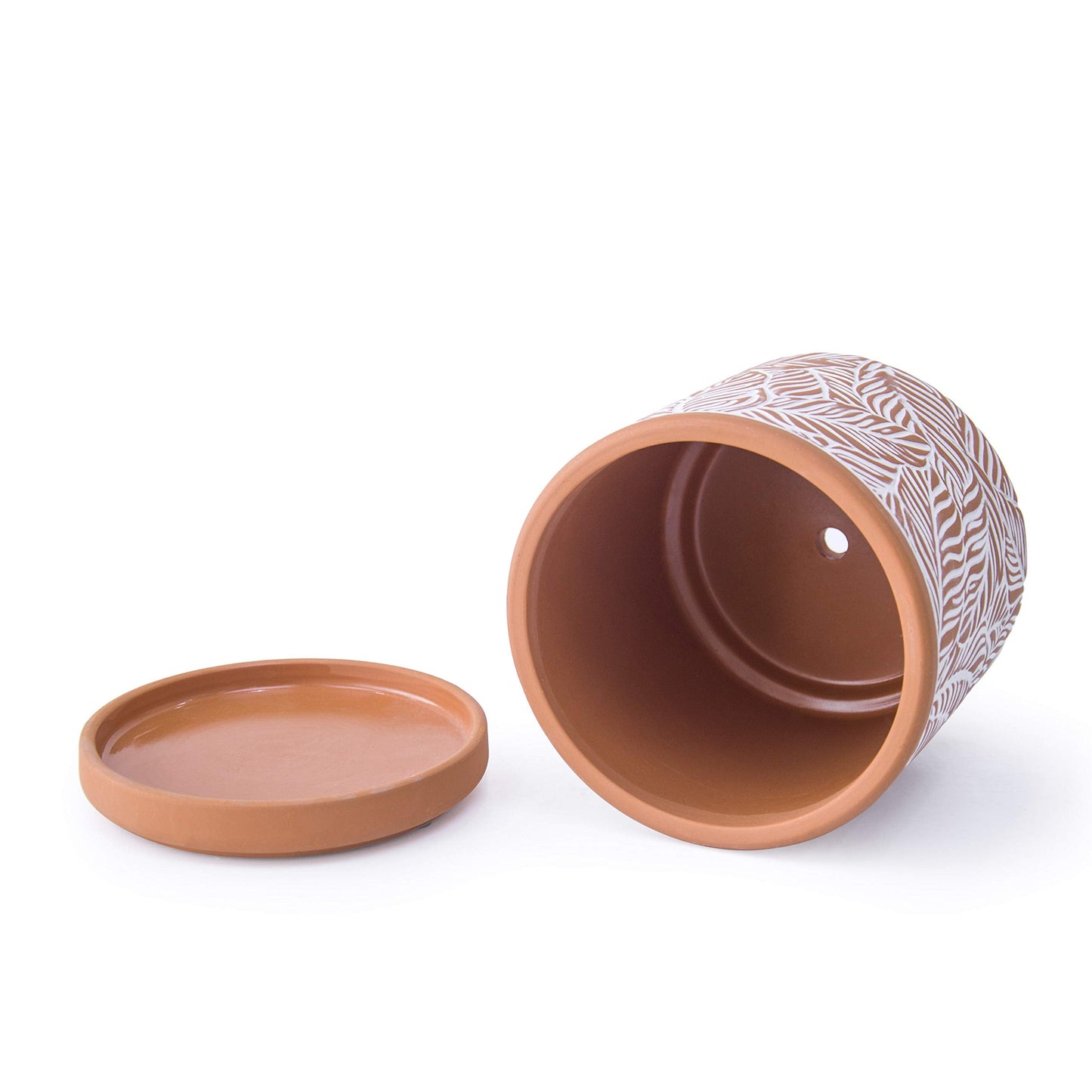 D'vine Dev Set of 2 Terracotta Pots, Leaf Pattern Planter Pot, 4 Inch and 6 Inch, Pot with Drainage Hole and Saucer, Terracotta/White, 31-958-T-1