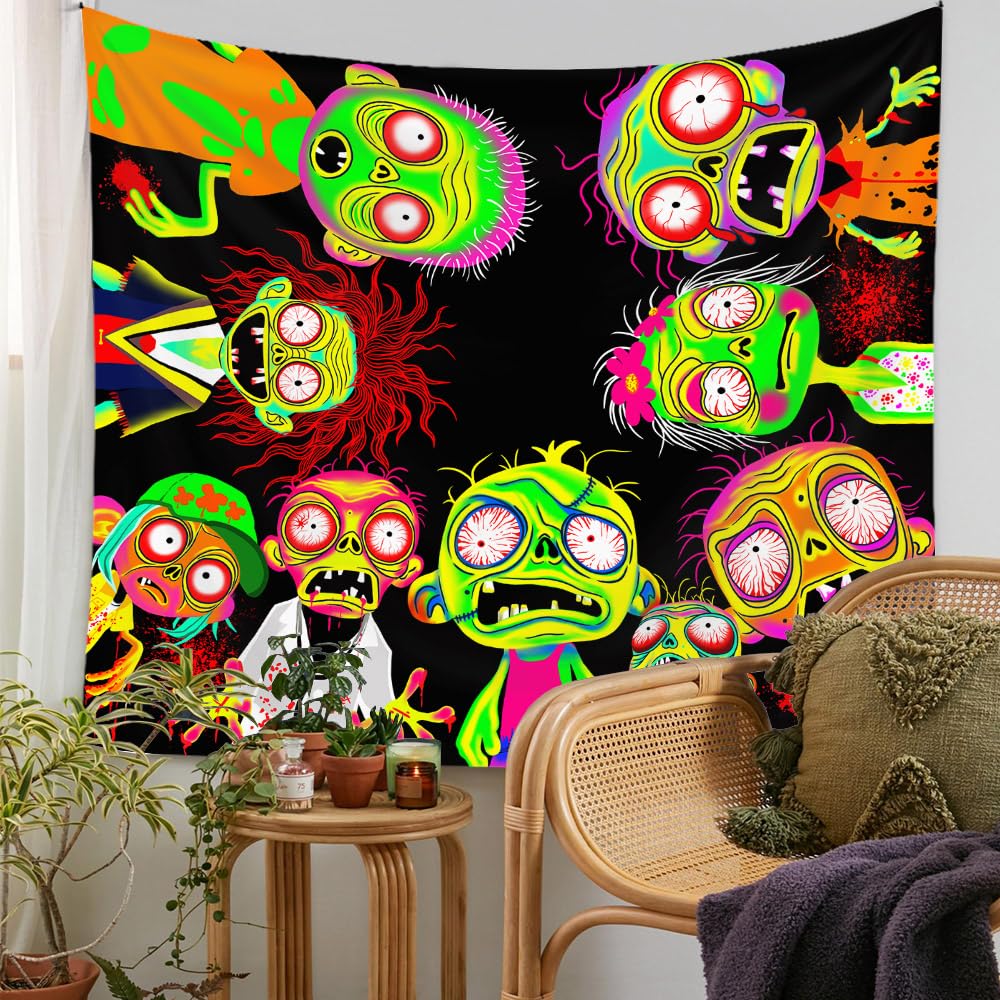 Horror Tapestry Blacklight Tapestry for Bedroom Zombie Crowd Around Tapestries UV Reactive Poster Glow in the Dark Walker Undead Ghoul Tapestries Wall Hanging Halloween Decor Scary Room Decor 90"x71"