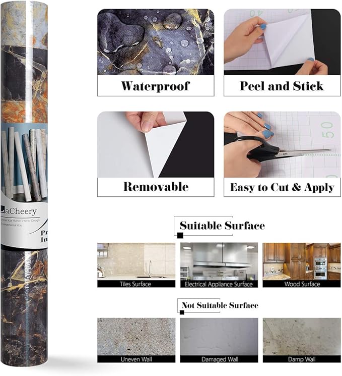 LACHEERY 15.8"x276" Dark Marble Countertop Contact Paper Waterproof Peel and