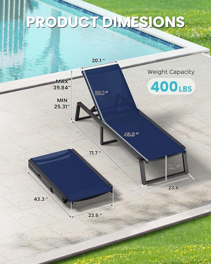 Aluminum Chaise Lounge Chair Outdoor, Foldable& No Assembly Patio Pool Lounge
