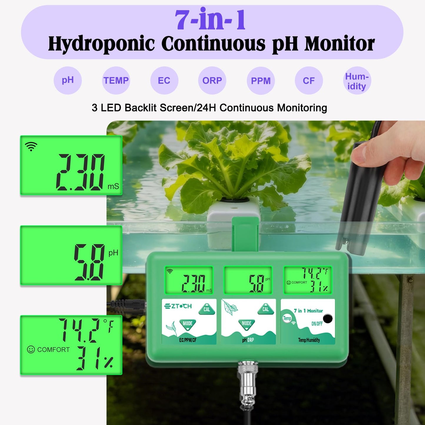 EZTOCH pH Monitor Hydroponic Continuous 7 in 1 EC pH TDS CF ORP Monitor, WiFi Continuous Monitoring pH EC PPM Humidity Temp Meter of Aquaponic, DWC Hydroponic System, Aeroponic Garden