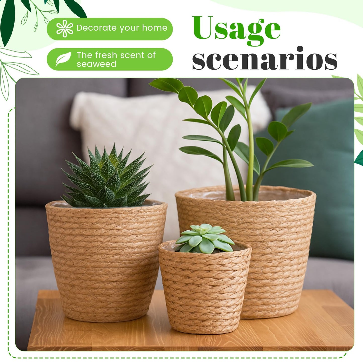 Knitgrip 3 Pack Seagrass Plant Basket Indoor with Artificial Moss 3 Sizes Woven Baskets Flower Pots Planters for Home Decor