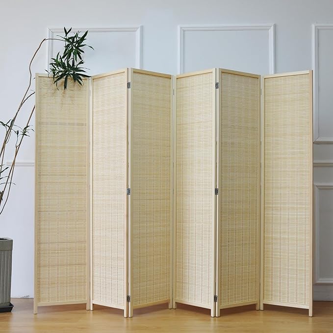 Furnnylane 6 Panel Bamboo Room Divider – 5.6 ft Tall Folding Privacy Screen