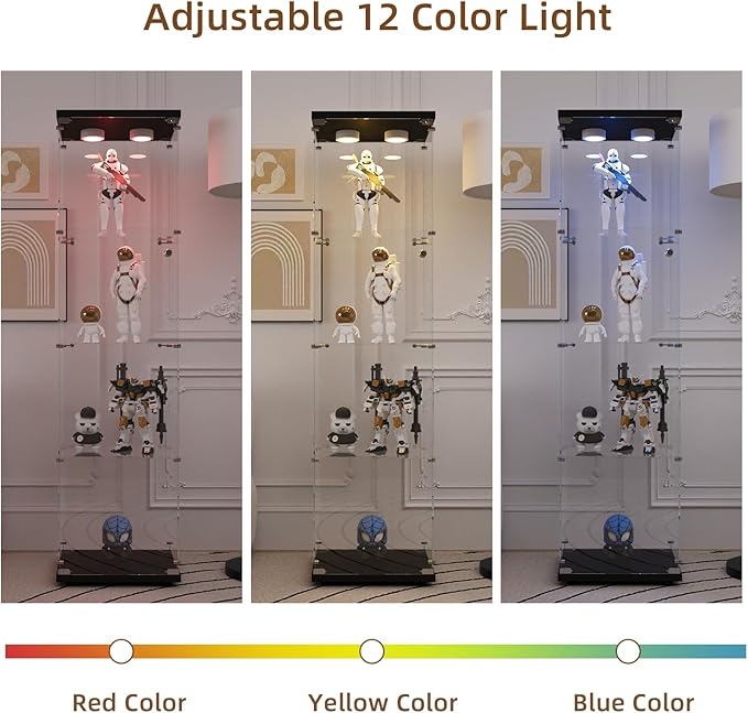 Glass Display Cabinet with LED Light and Lock, 4-Shelf Fast Installation Curio