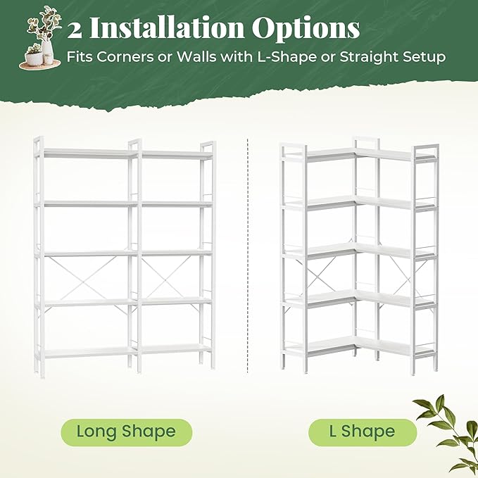 Huuger 5 Tier Bookshelf, L Shaped Corner Bookshelf