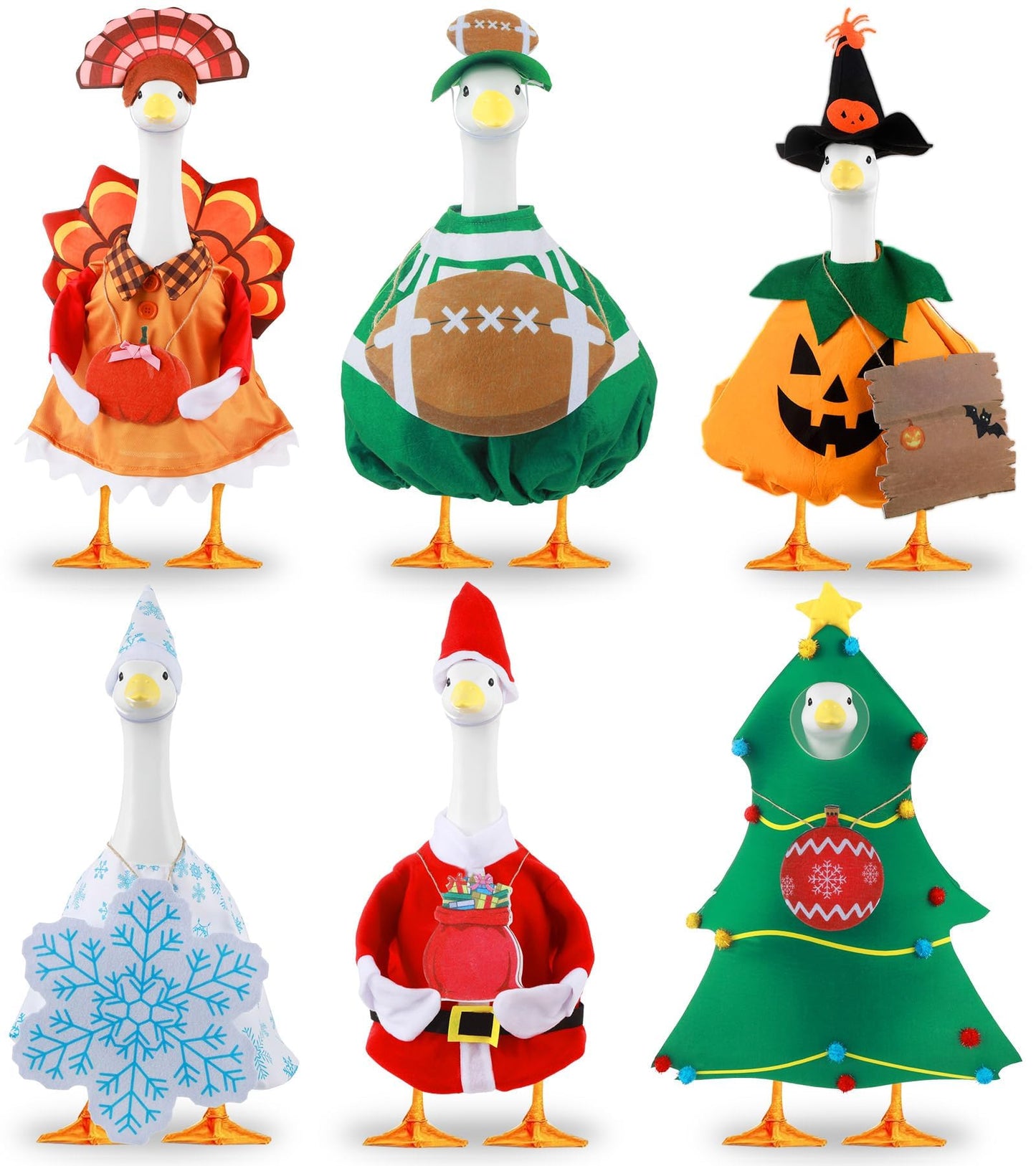 6 Set Seasonal Holiday Porch Goose Outfits Hanging Decor All Seasons Winter Christmas Football Goose Costume Fit for 23" Geese Statue Thanksgiving Halloween Outdoor Yard Garden Patio Lawn Art Decor