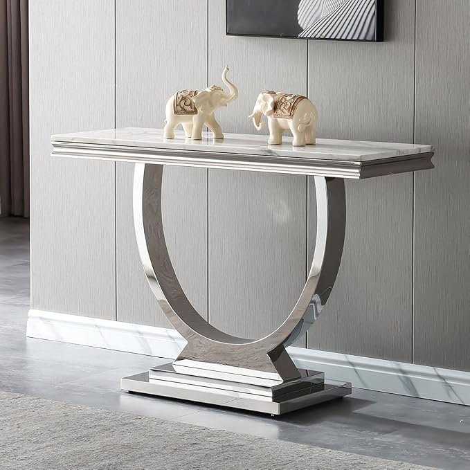 Henf 47" Marble Console Table Modern White Faux Marble Entryway Table