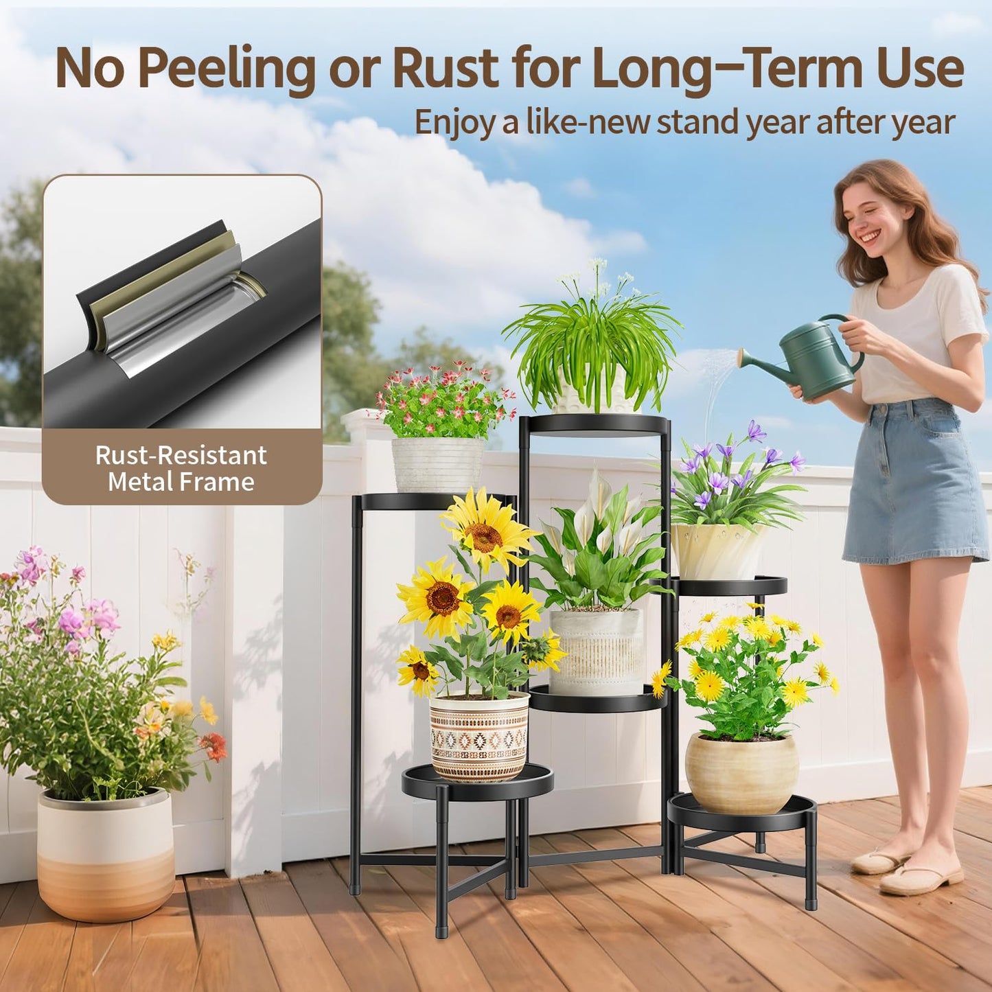 LASZOLA 6 Tier Large Plant Stand Indoor Tall with 10 Inch Metal Tray, Corner Folding Flower Display Rack, Modern Plant Holder Shelf for Outdoor Patio Porch Garden Office Living Room, Black