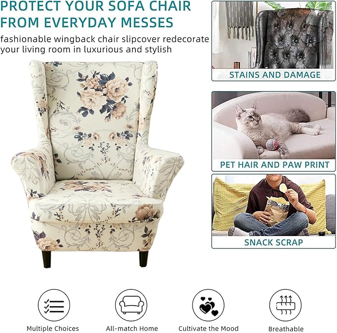KRFOONN Velvet Wing Chair Slipcovers 2 Piece Stretch Printed Wingback Chair
