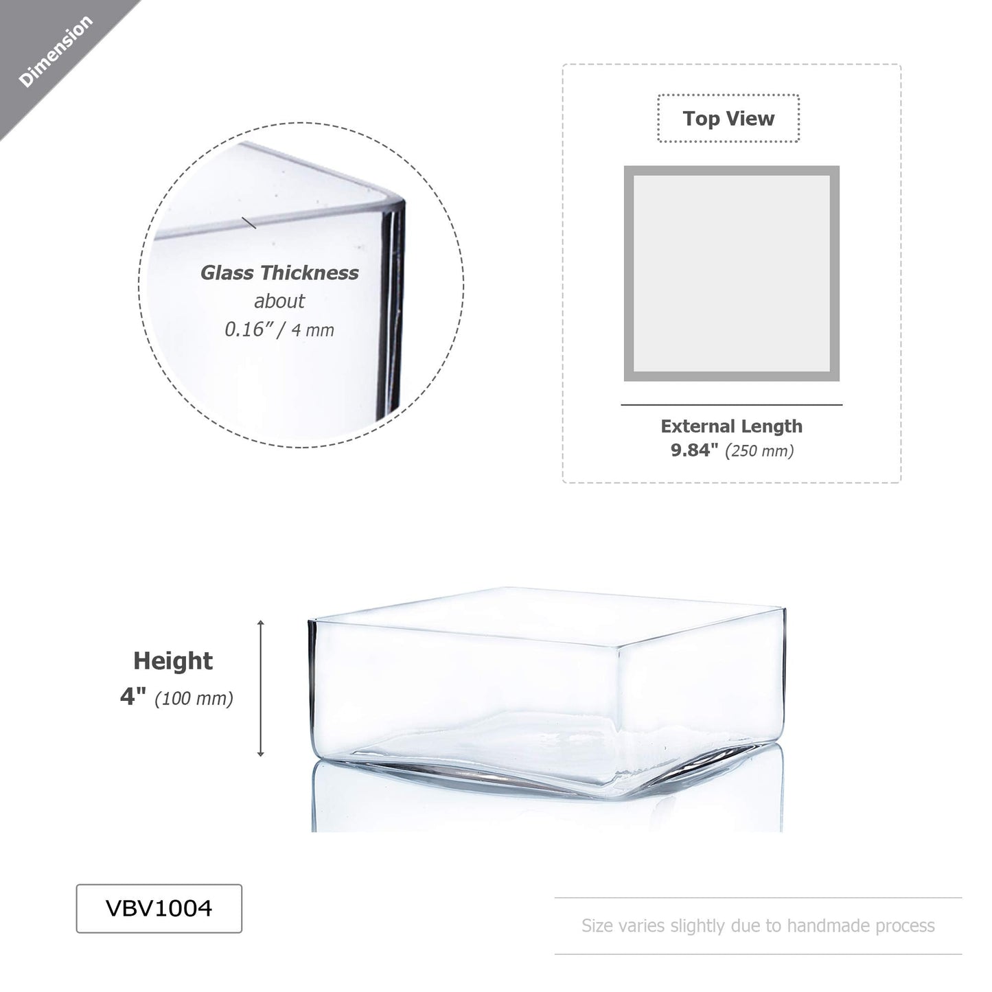 WGV Square Block Glass Vase, Length 10", Height 4", Clear Large Planter Terrarium, Floral Container for Wedding Party Event, Home Office Decor, 1 Piece