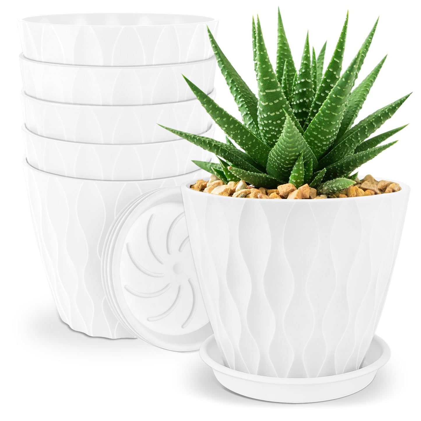 YNNICO 6 inch Plant Pots, 6 Pack Flower Pots Outdoor Indoor, Planters with Drainage Hole and Tray Saucer-White