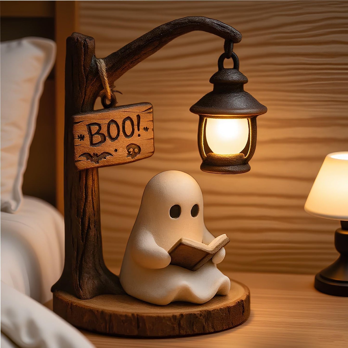 BHOOKA Halloween Ghost Figurine Statue Cute Ghost Reading Book Lamp Designs 3D Unique Night Light Gifts Tabletop Ornament Decoration Cartoon Resin Sculpture for Holiday Decor Supplies