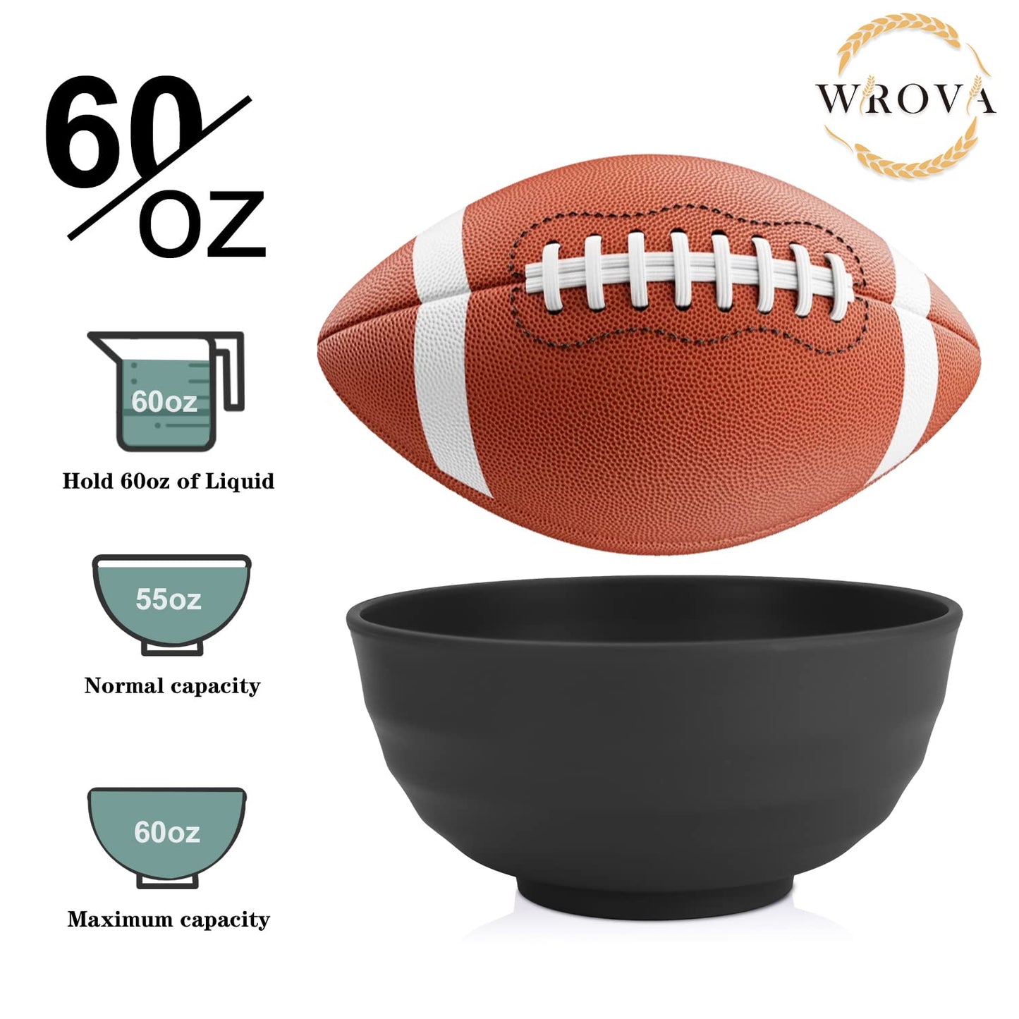 Wrova Wheat Straw Bowls Set 60 OZ Unbreakable Large Cereal Bowls Set of 6 Microwave and Dishwasher Safe Bowls Big Bowls for Camping and Picnic BPA Free Soup Bowl for Serving Oatmeal and Salad. Black