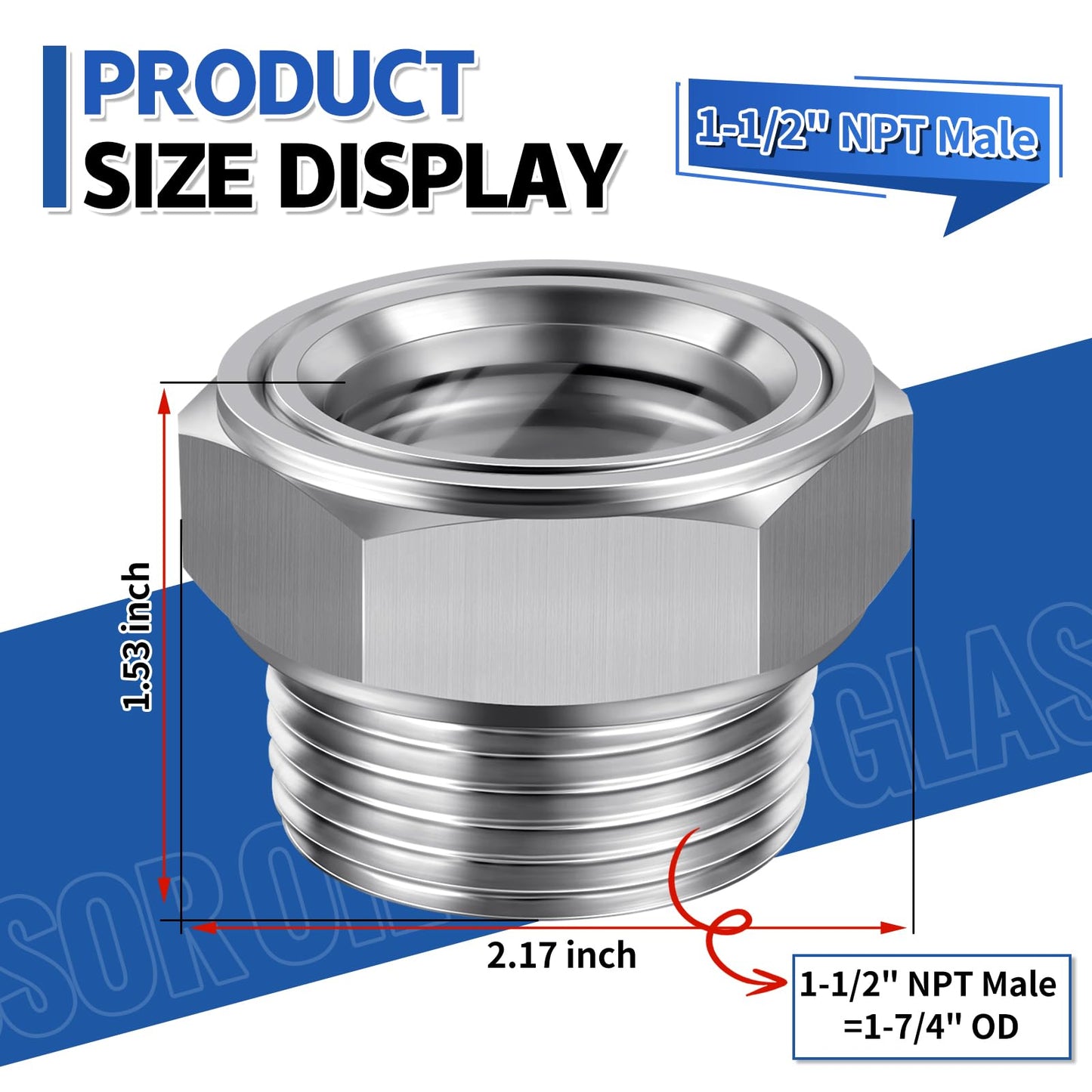 Boltigen 1-1/2'' NPT Male Hex Head Stainless Steel Oil Sight Glass, Liquid Level Gauge Oil Indicator Window for Air Compressor Gearbox Fittings Hydraulic Tank (1-1/2'' NPT Male)