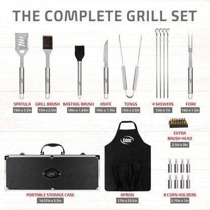 Kaluns Grilling Accessories, Dad Gifts for Fathers Day, Grilling Gifts, Heavy Duty Stainless Steel BBQ Tool Set for Outdoor Grill with Aluminum Case and Apron, Birthday Gifts for Men Women
