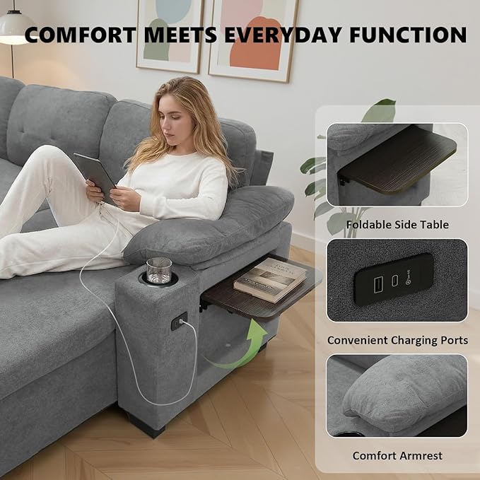 93" L Shaped Sleeper Sofa Bed, Pull Out Sectional Couch
