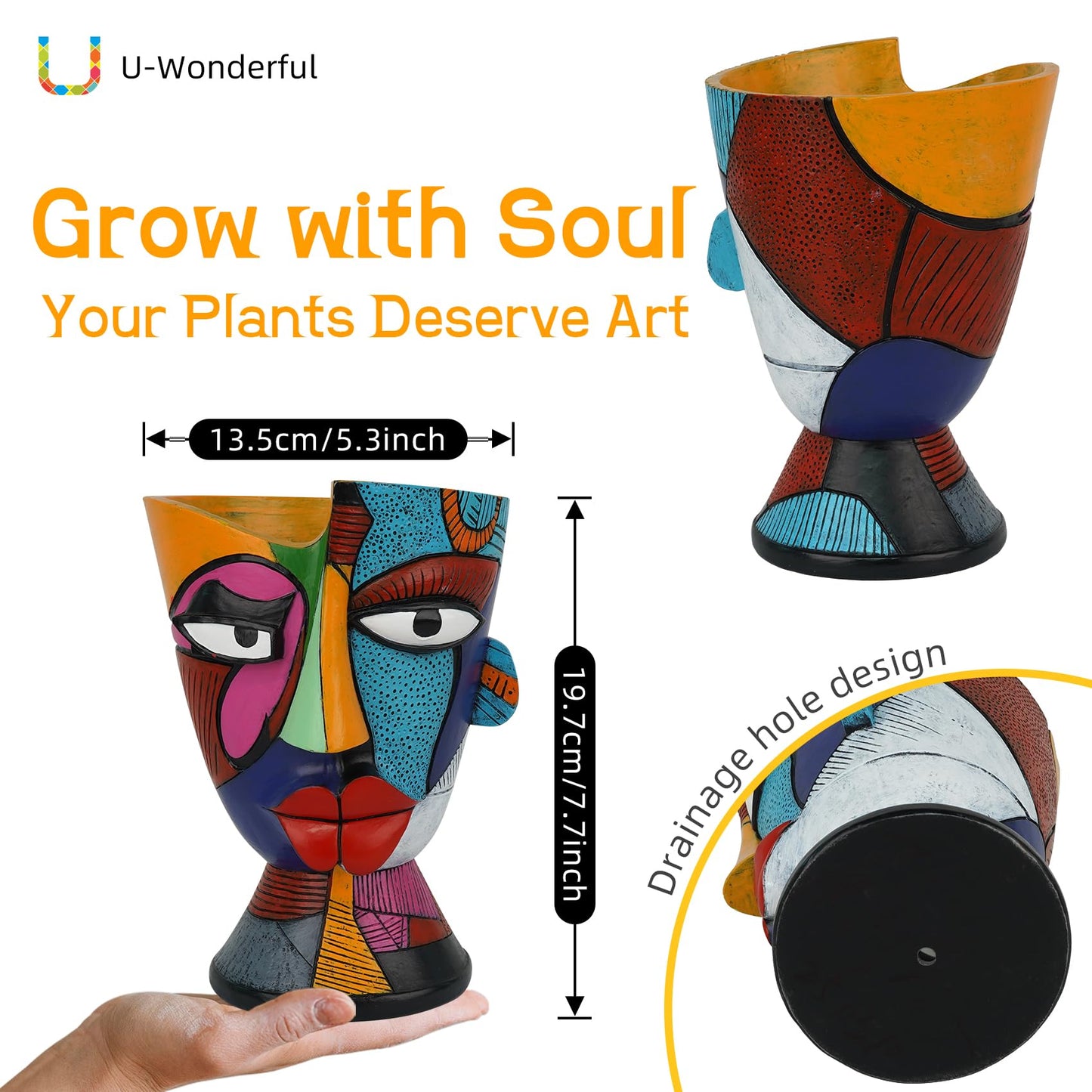 U WONDERFUL Abstract Face Planters Pots Head 7.8 Inch with Drainage - Decorative Plant Pots Retro Rainbow Design, Cute Unique Planter for Succulents/Snake Plants/Cactus Indoor & Outdoor