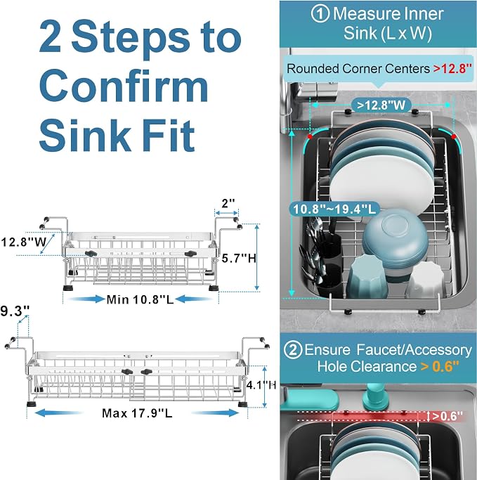 GSlife Dish Drying Rack Over the Sink - Expandable Stainless Steel Dish Drainer for Small Kitchen Apartment, Space Saving Sink Rack with Secure Lock Knob and Utensil Holder, Silver