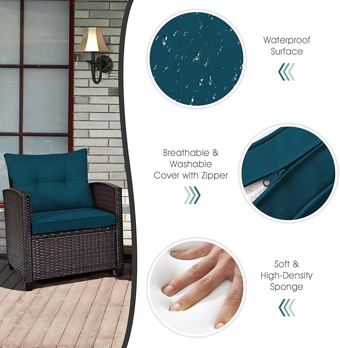 COSTWAY 3PCS Patio Furniture Set, PE Rattan Wicker Sofa w/Washable Cushion and