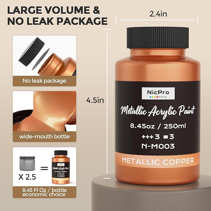 Nicpro Metallic Copper Acrylic Paint, 8.45oz/250ml Large Copper Leaf Paint