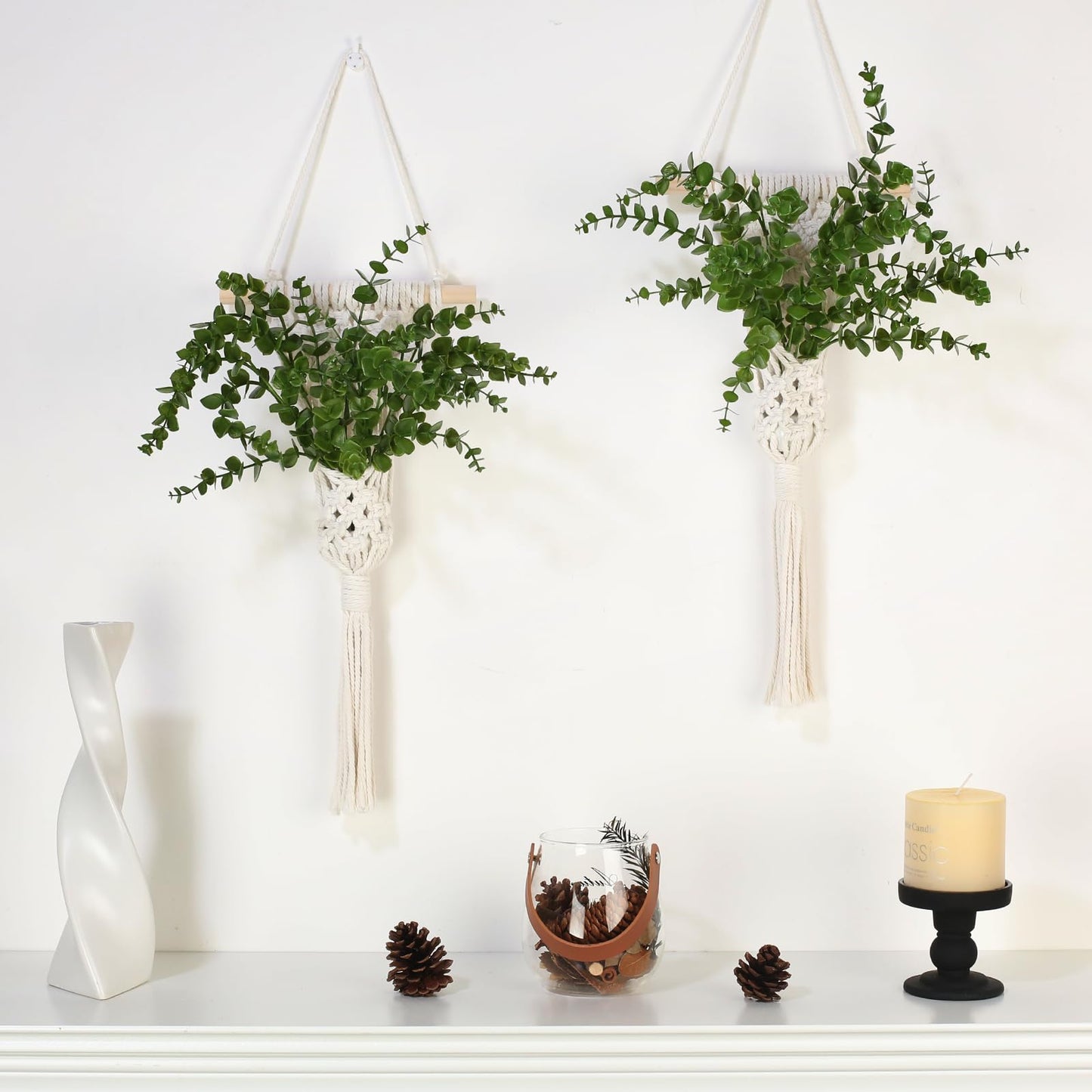 UBOSU Macrame Wall Hanging Plants with LED Lights, White Cotton Rope, Wooden Dowel, Boho Woven Plant Holders with Artificial Eucalyptus Leaves, wall Decor, Set of 2 (Green)