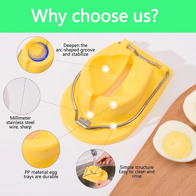 Egg Slicer, Semi-Round Curved Yellow Egg Cutter for Hard Boiled Eggs – Stainless Steel Wire Cutter with Ergonomic Handle for Salad, Cobb Salad, Avocado Toast & Food Garnish, Easy to Clean (3)